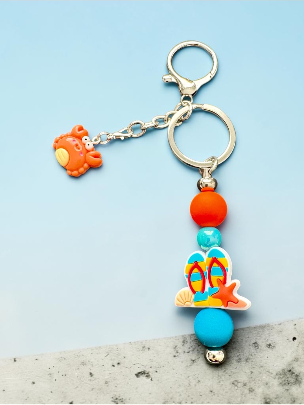 Orange & Blue Beach Keychain Accessory with Crab Charm
